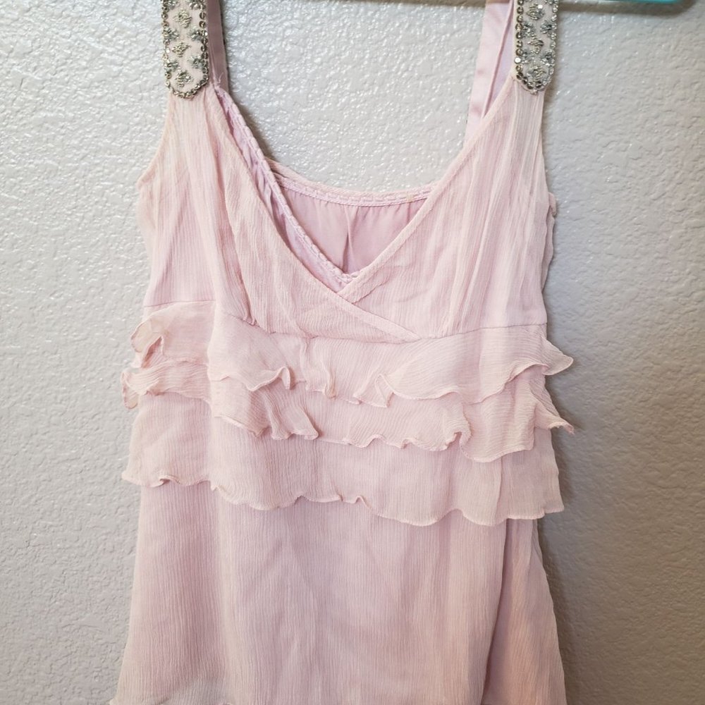 Ruffled layered pink tank top with beaded straps
